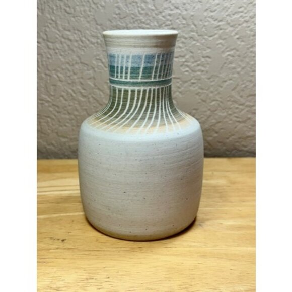 Art Pottery Vase Neutral Abstract Zen Minimalist MCM Blue Green Gold 5.25” - Picture 7 of 10